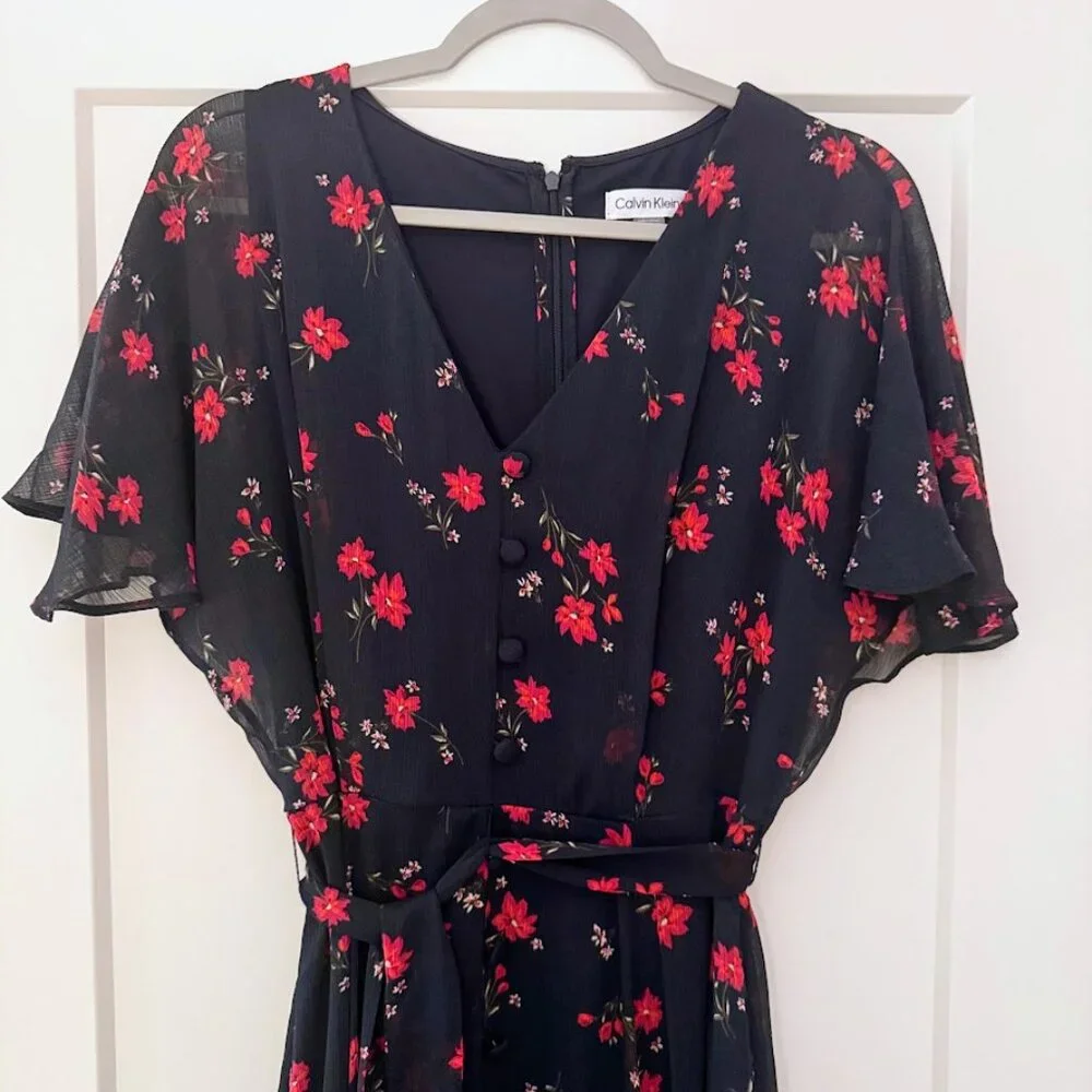 Calvin Klein Navy Floral V-Neck Chiffon Midi Dress – Size 12 - Picture 1 of 9